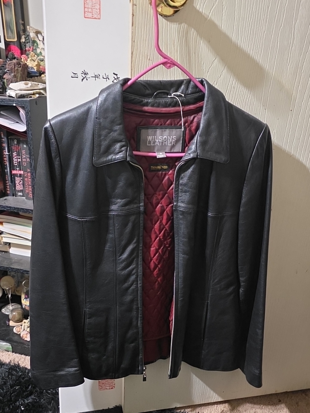 Wilsons Leather Black Leather Jacket with Burgundy Quilted Lining